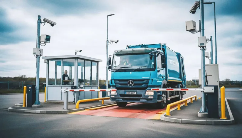 A UK waste and recycling truck on a weighbridge at a waste recycling plant being weighed and scanned by Avery Weigh-Tronix Quantum Protect Anti-Fraud Detection System