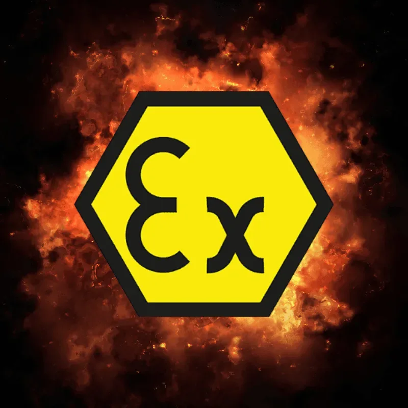 Atex logo in foreground, with fire in background